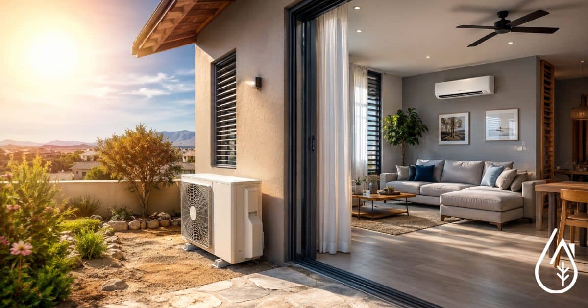 Vue d'une maison moderne avec unité de récupération d'eau de pluie à l'extérieur, vue sur le jardin et le paysage environnant au coucher du soleil.