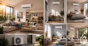 S&eacute;rie d'images montrant des unit&eacute;s de climatisation dans diff&eacute;rents espaces r&eacute;sidentiels modernes, y compris salon, chambre et bureau, avec des fen&ecirc;tres laissant entrer la lumi&egrave;re naturelle.
