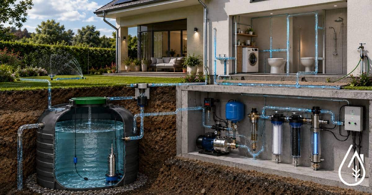 Installation d'un système de traitement d'eau sous-salle avec filtration, pompe et réservoir pour une eau pure à la maison.