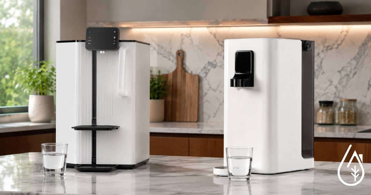 Comparatif Waterdrop K19 et Langwater TheWell 2 - Boutique Diproclean Deux machines à eau filtrée modernes sur un plan de travail de cuisine, comparant Waterdrop K19 et Langwater TheWell 2, avec un décor élégant et lumineux.