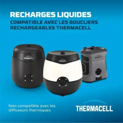 Recharges liquides compatibles avec les boucliers Thermacell pour une protection antimoustiques efficace.