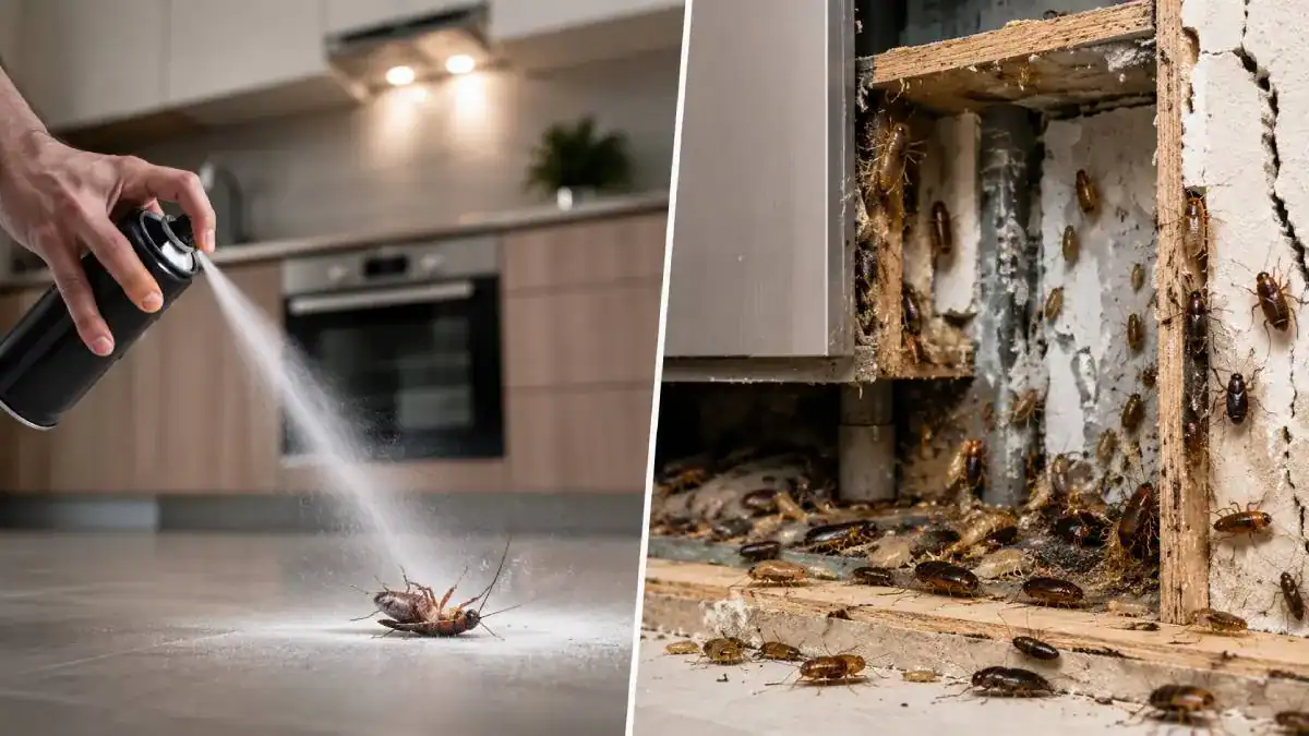 Comparaison entre un spray insecticide classique et une colonie de cafards cach&eacute;e