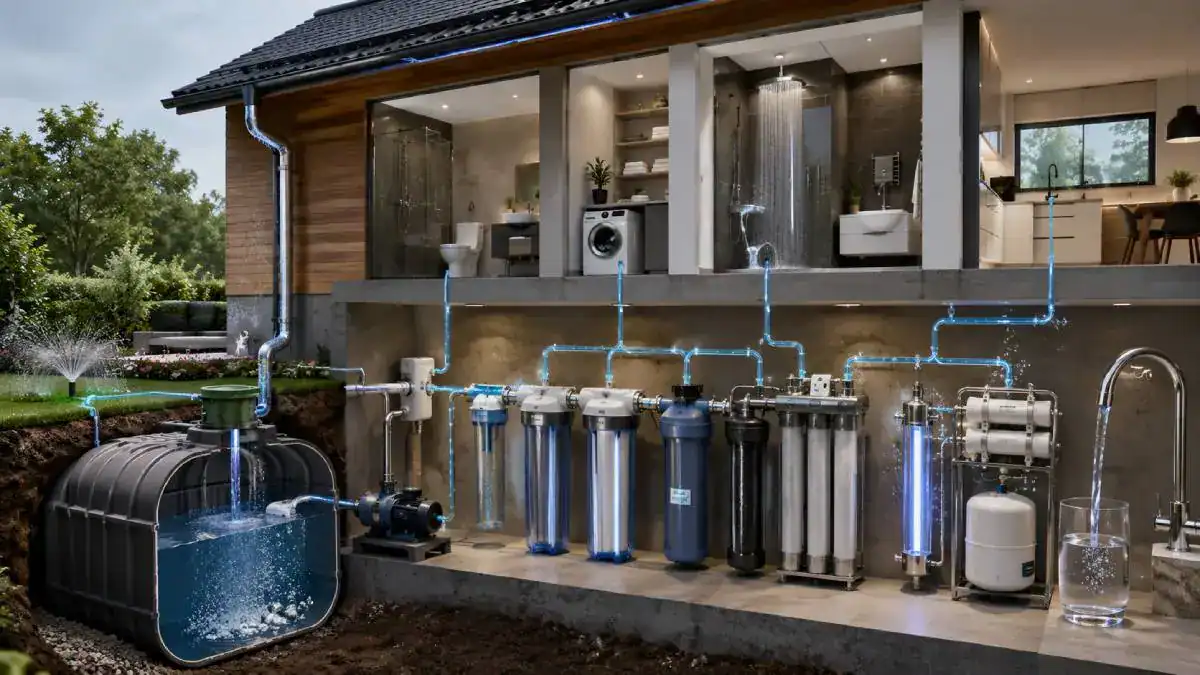 Station triple filtration eau de pluie maison compl&egrave;te avec s&eacute;diments charbon actif et UV