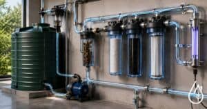 Installation de filtration d'eau industrielle avec r&eacute;servoir, filtres et tuyauterie pour traitement de l'eau. Solution efficace pour la purification dans les entreprises.