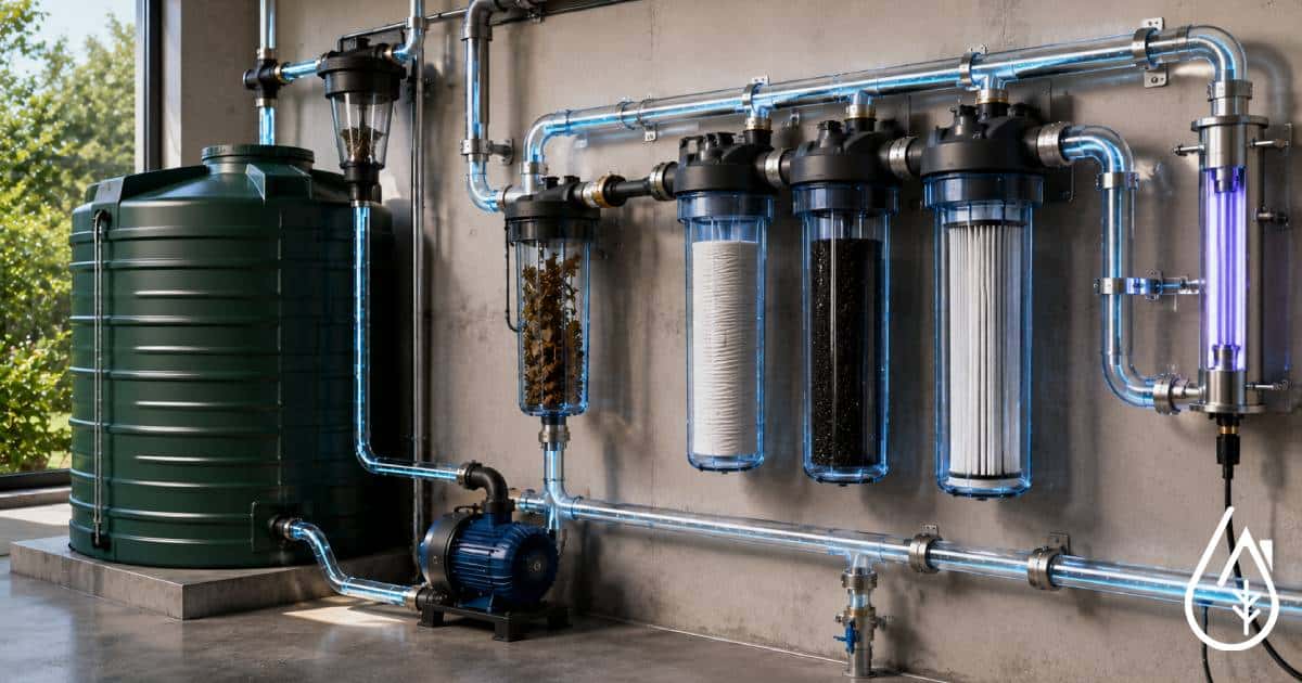 Installation de filtration d'eau industrielle avec réservoir, filtres et tuyauterie pour traitement de l'eau. Solution efficace pour la purification dans les entreprises.