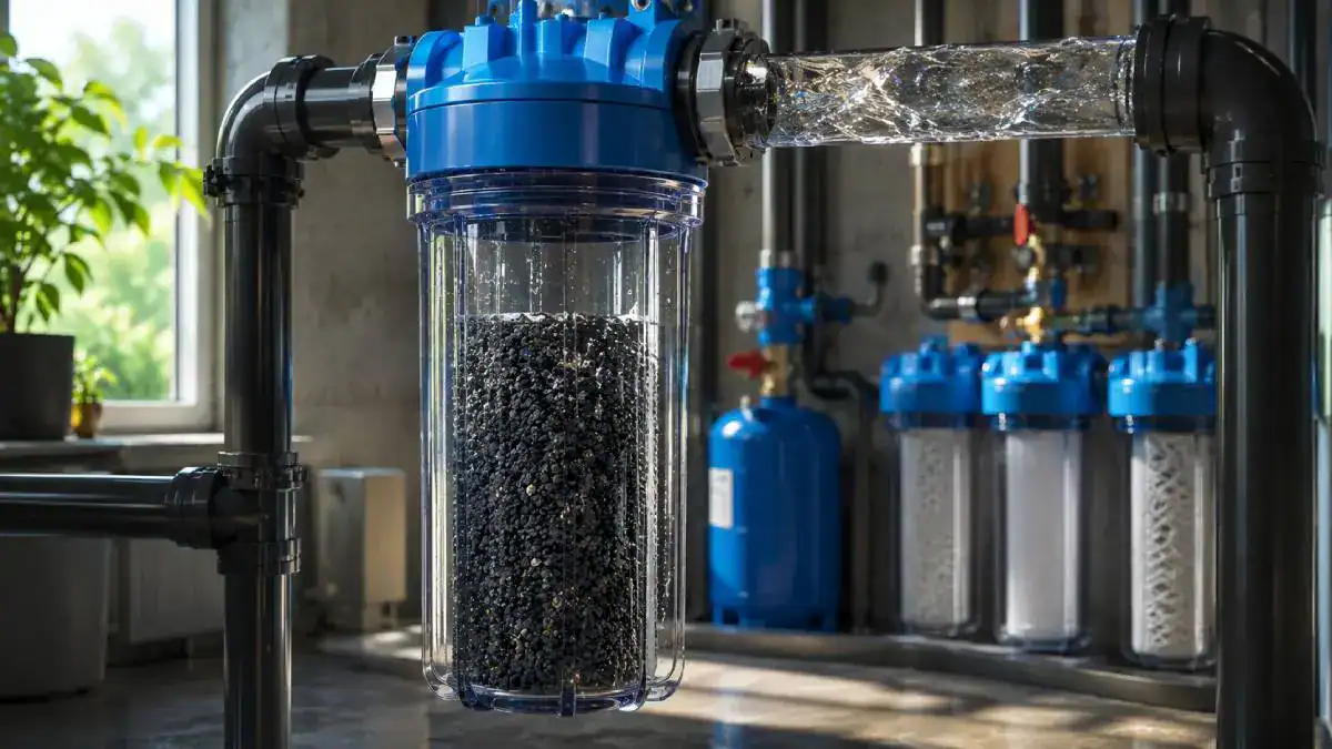 Filtre charbon actif pour traitement de l'eau de pluie avant usage domestique