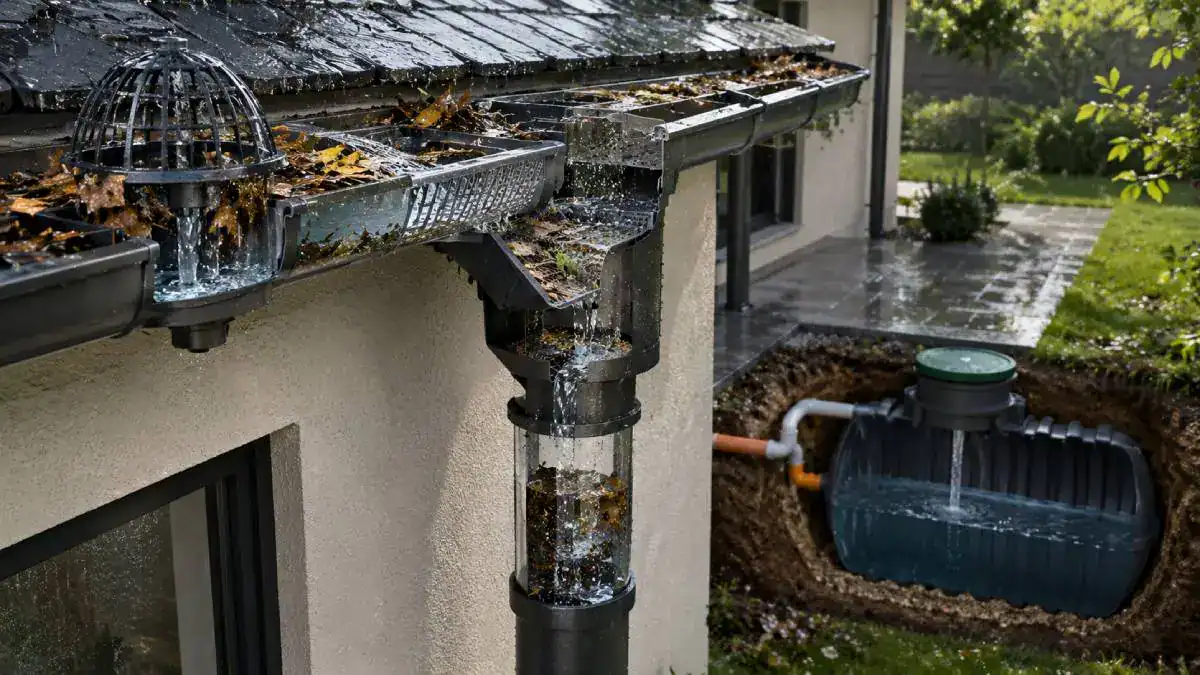 Pr&eacute;filtration eau de pluie avec crapaudine filtre de goutti&egrave;re et collecteur filtrant