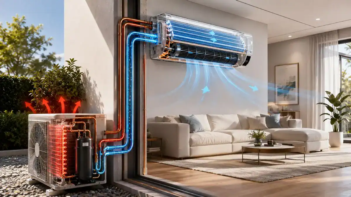 Fonctionnement d'une climatisation maison avec unit&eacute; int&eacute;rieure et ext&eacute;rieure