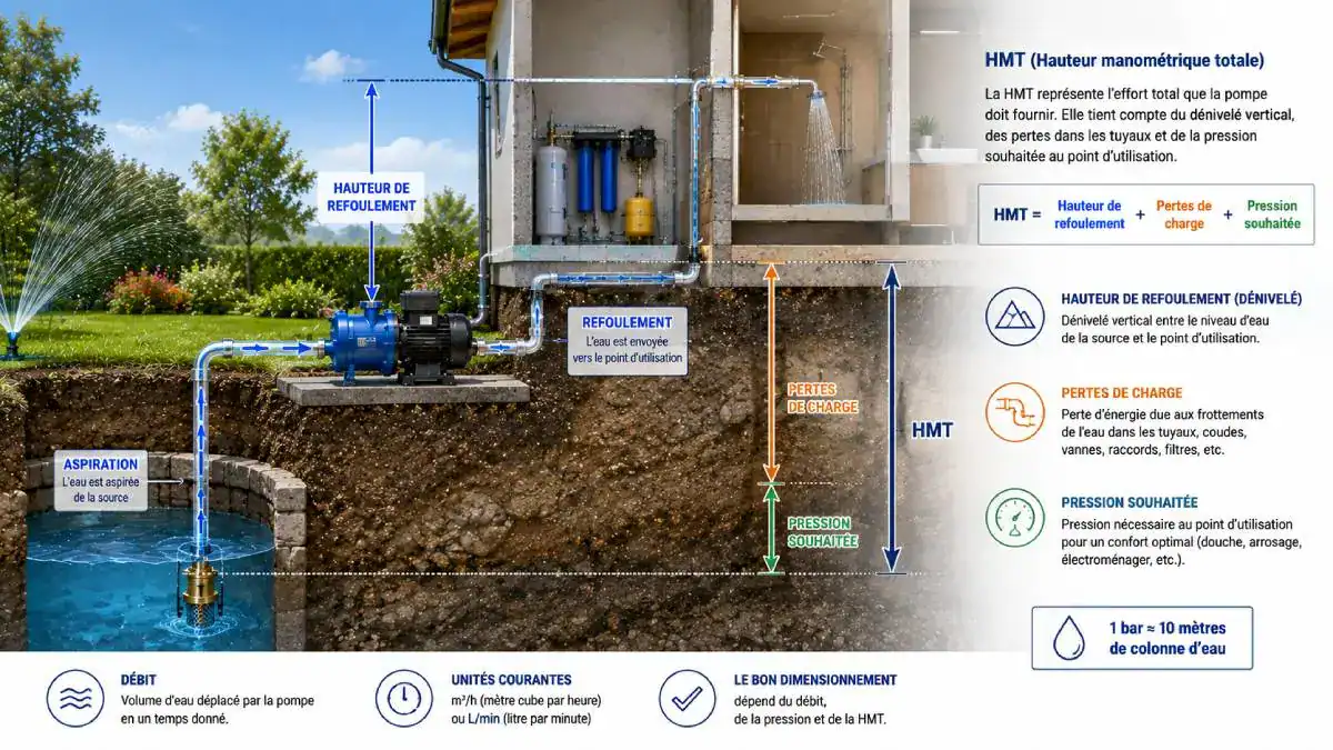 Sch&eacute;ma pompe &agrave; eau aspiration refoulement d&eacute;bit pression HMT