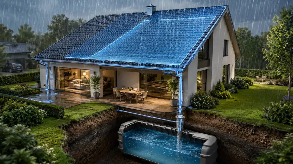 Installation compl&egrave;te d'un syst&egrave;me de r&eacute;cup&eacute;ration d'eau de pluie pour maison et jardin