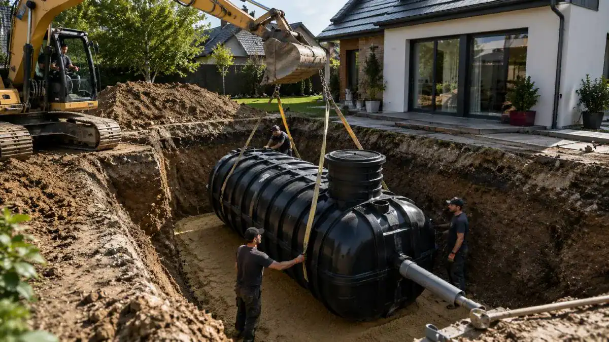 Pose d'une cuve enterr&eacute;e de r&eacute;cup&eacute;ration d'eau de pluie avec terrassement