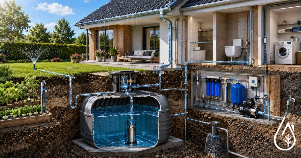 Installation d'un syst&egrave;me de r&eacute;cup&eacute;ration d'eau de pluie avec pompe cuve et filtration