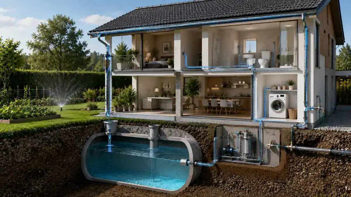 Maison &eacute;quip&eacute;e d&rsquo;un syst&egrave;me complet de r&eacute;cup&eacute;ration d&rsquo;eau de pluie avec cuve et filtration