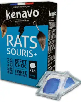 Appâts pour rats et souris Kenavo, efficace contre rats noirs et bruns, 15 sachets de 150g, formulation brodifacoum, élimine rats et souris rapidement.