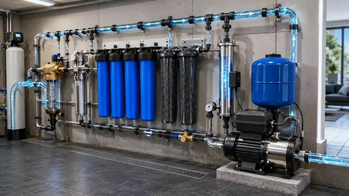 Pompe et filtration eau de pluie avec filtres Big Blue et st&eacute;rilisateur UV
