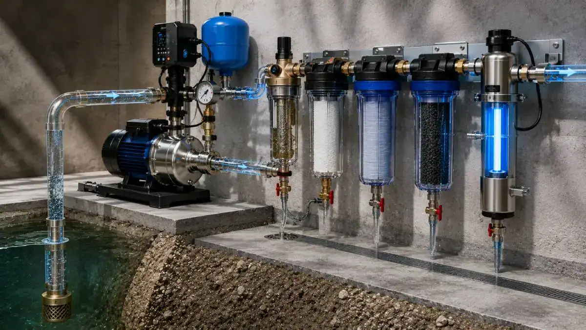 Filtration apr&egrave;s pompe surpresseur avec filtres cartouches charbon actif et UV