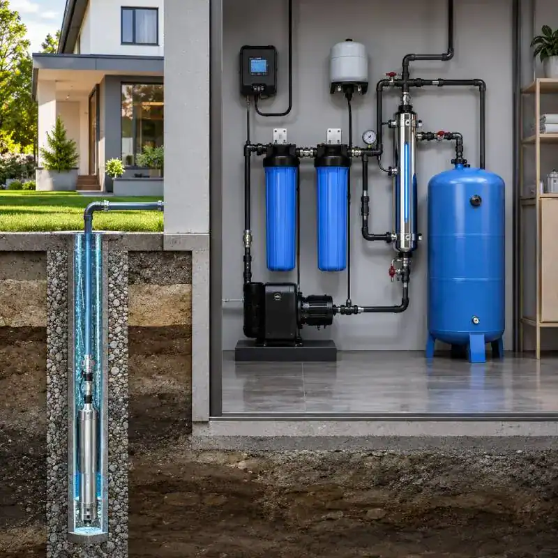 Installation pompe immerg&eacute;e avec ballon surpresseur filtration et UV