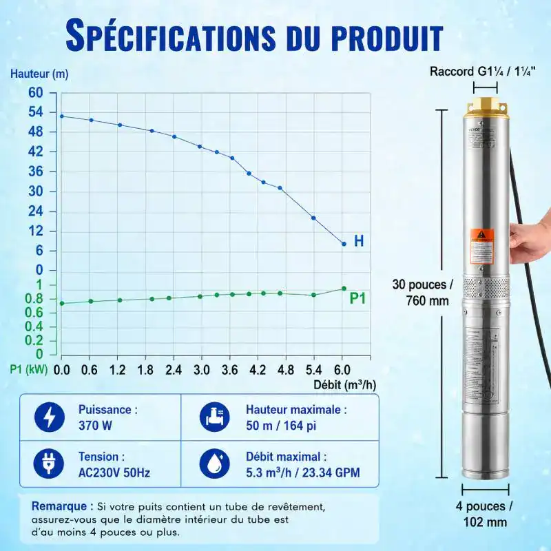 Installation pompe immerg&eacute;e 370W avec tuyau de refoulement et ballon surpresseur