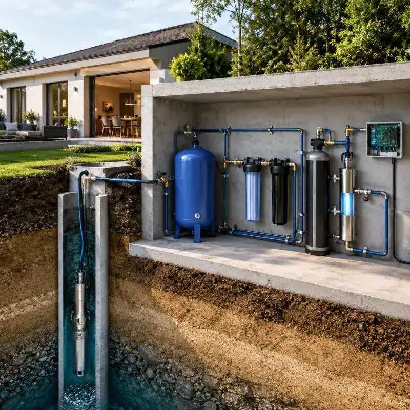 Installation pompe immerg&eacute;e dans un forage avec ballon surpresseur et filtration