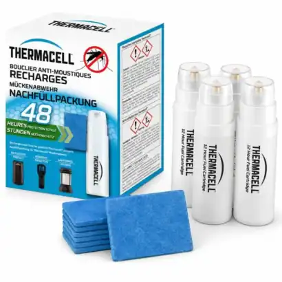 Diffuseur Thermacell pour moustiques avec recharges et plaquettes, id&eacute;al pour ext&eacute;rieur, sans fil, 20m&sup2;, blanc.