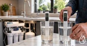 Testeur de conductivité de qualité pour eau potable - Boutique Diproclean Testeur d'eau TDS numérique dans un environnement de cuisine, vérifiant la qualité de l'eau potable avec précision, idéal pour une utilisation domestique ou professionnelle.