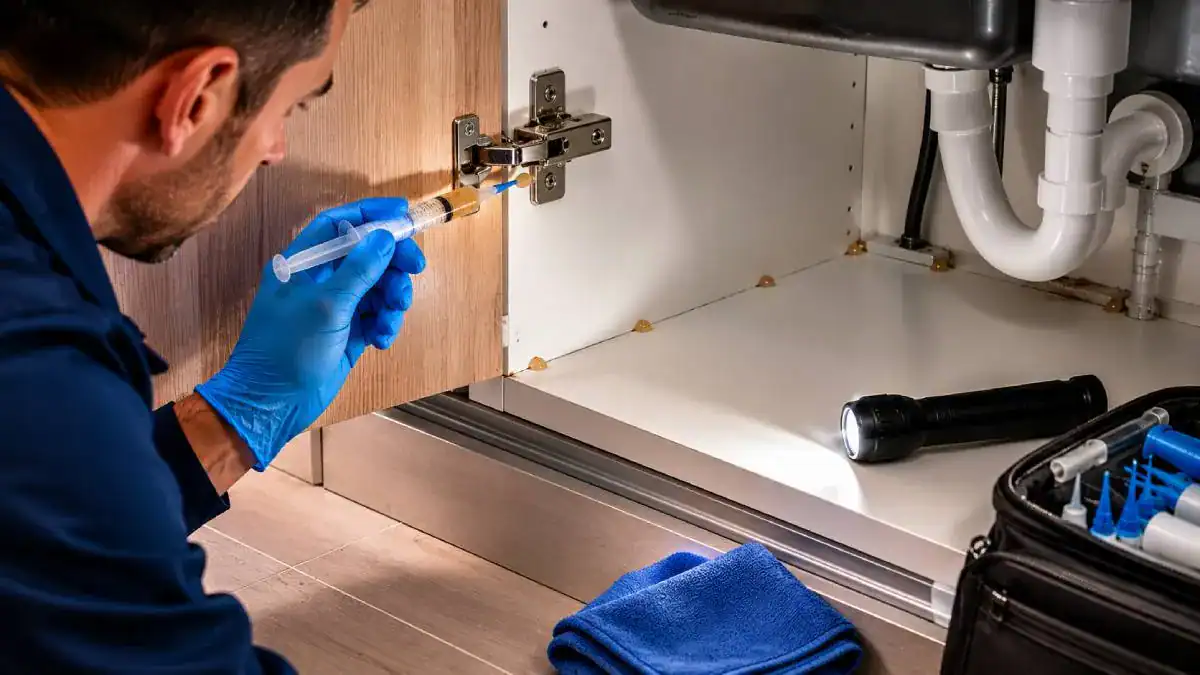 Application d'un gel anti-cafards professionnel derri&egrave;re un meuble de cuisine