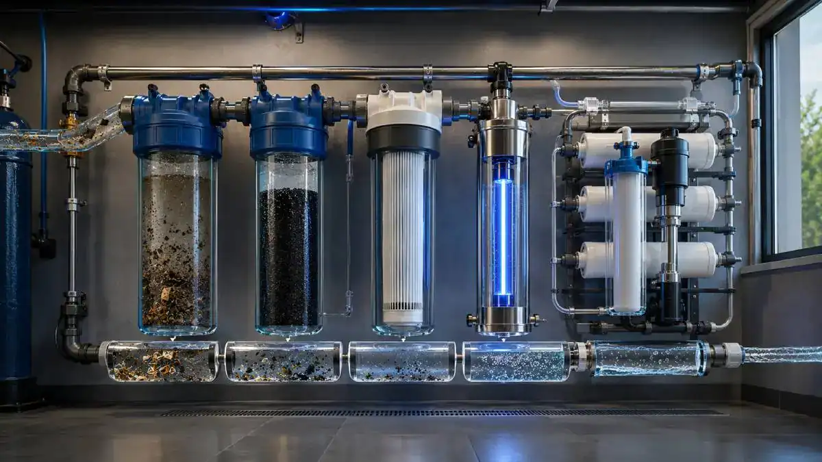 Chaîne complète de traitement eau de pluie avec filtres sédiments charbon actif UV et osmose inverse