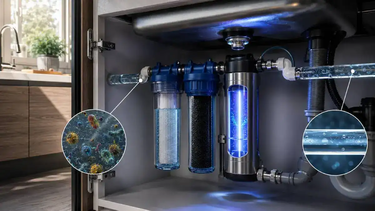 Stérilisateur UV-C LED compact pour désinfection de l'eau de pluie filtrée