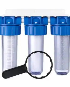 Filtre à eau pour système de filtration Diproclean avec trois cartouches, incluant une loupe pour inspection, idéal pour la purification de l'eau domestique.