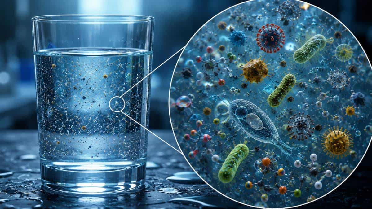 Contaminants invisibles dans l'eau de pluie bactéries virus parasites PFAS métaux lourds