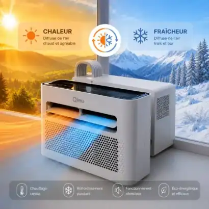 Climatisation r&eacute;versible Qlima Qsplit Mini pour caravane et camping-car, 1,46 kW, 5000 BTU, avec fonctions de chauffage et refroidissement.