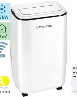 Climatiseur portable Trotec PAC 3501 S WiFi avec t&eacute;l&eacute;commande, adapt&eacute; pour 46 m&sup2;, classe &eacute;nerg&eacute;tique A, 3,5 kW de puissance de refroidissement.