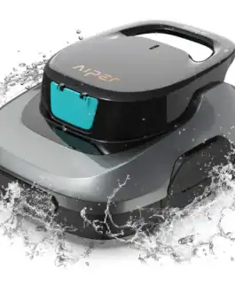 Aspirateur robot sans fil pour piscine hors sol, modèle AIPER Scuba SE, en action dans une piscine, nettoyage efficace et autonome.