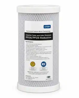 Cartouche de filtration Big charbon 10 pouces pour traitement de l'eau, réduction PFAS, 0,5 micron, technologie carbone actif, adaptée aux systèmes de filtration domestiques.