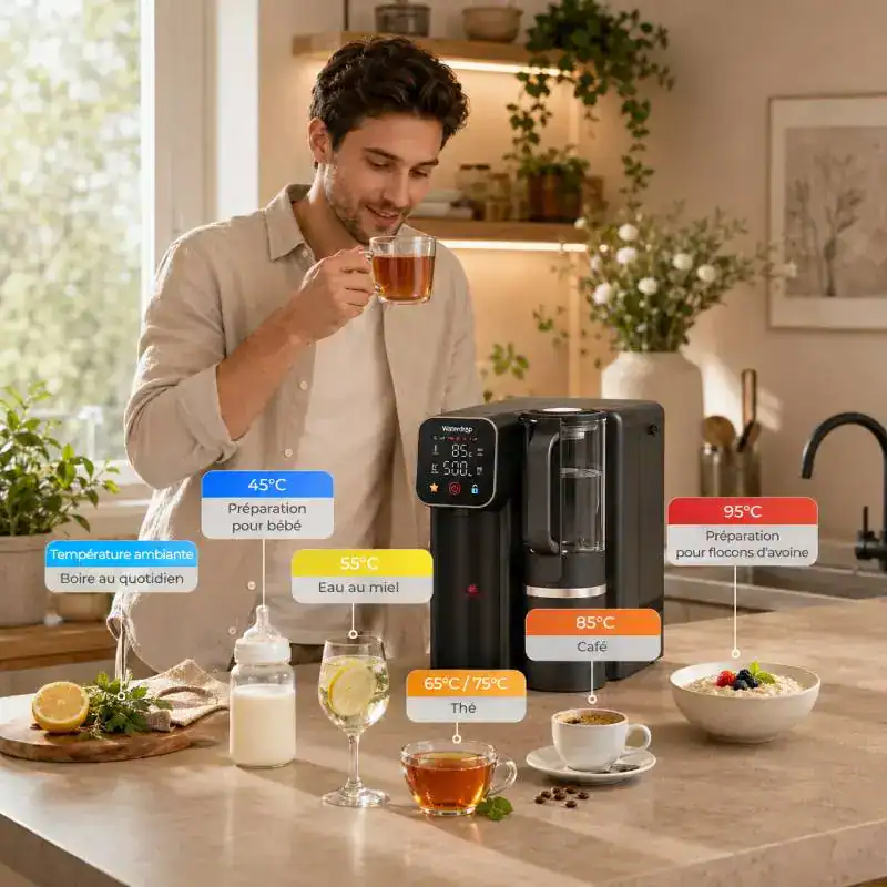 Waterdrop M6HG utilisé par une famille dans une cuisine moderne