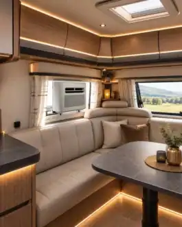Salon int&eacute;rieur d'une caravane avec climatisation int&eacute;gr&eacute;e, mobilier moderne et vue panoramique sur la nature.