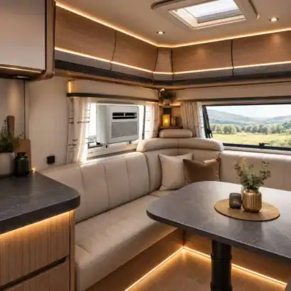 Salon int&eacute;rieur d'une caravane avec climatisation int&eacute;gr&eacute;e, mobilier moderne et vue panoramique sur la nature.