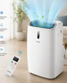 Climatiseur mobile 5 en 1 avec télécommande, rafraîchissement, déshumidification, ventilation et chauffage pour maison ou bureau.