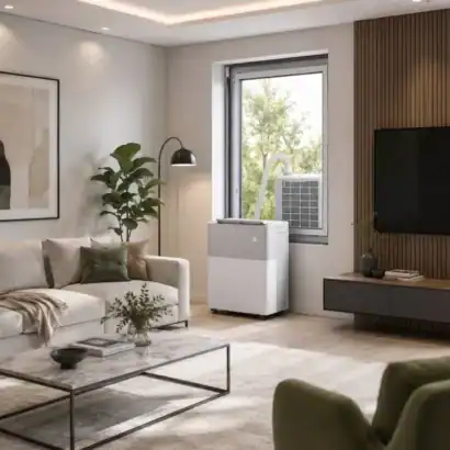 Climatiseur mobile Diproclean dans un salon contemporain avec mobilier &eacute;l&eacute;gant et d&eacute;coration minimaliste.