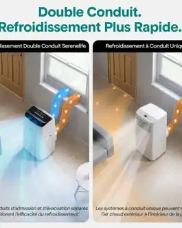 Climatiseur mobile SereneLife 12000 BTU avec double conduit pour refroidissement rapide et efficace, idéal pour intérieur et extérieur.