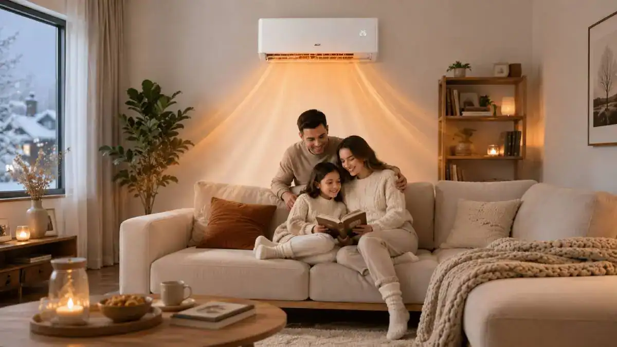 Pompe à chaleur Costway utilisée en mode chauffage pendant les soirées d’hiver