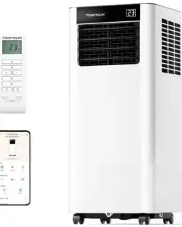 Climatiseur mobile 9000 BTU 3-en-1 avec télécommande et Wi-Fi, silencieux 47 dB, idéal pour rafraîchir votre espace intérieur.