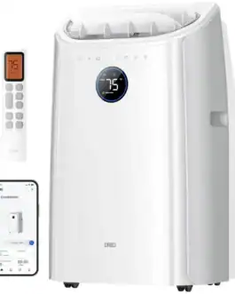 Climatiseur portable DREO avec t&eacute;l&eacute;commande et application mobile, contr&ocirc;le vocal, minuterie 24h, ventilateur et d&eacute;shumidificateur, design compact et silencieux.