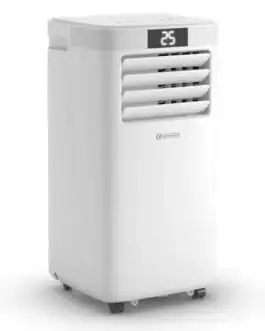 Climatiseur mobile blanc avec écran digital affichant 25°C, équipé de lames réglables et roulettes pour déplacement facile, idéal pour rafraîchir une pièce.