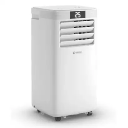 Climatiseur mobile blanc avec &eacute;cran digital affichant 25&deg;C, &eacute;quip&eacute; de lames r&eacute;glables et roulettes pour d&eacute;placement facile, id&eacute;al pour rafra&icirc;chir une pi&egrave;ce.