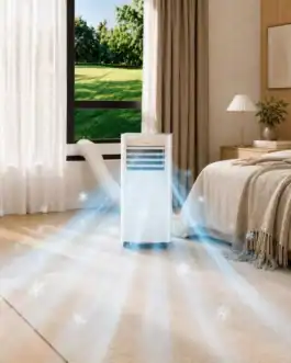 Climatiseur mobile DREAME P-Wind10 9000 BTU 3-en-1 avec Wi-Fi et télécommande dans une chambre moderne.