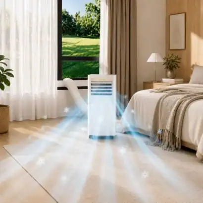 Climatiseur mobile DREAME P-Wind10 9000 BTU 3-en-1 avec Wi-Fi et t&eacute;l&eacute;commande dans une chambre moderne.