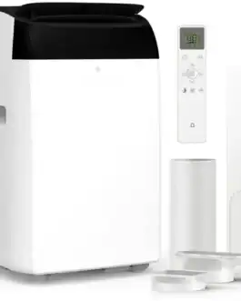 Climatiseur mobile 14000 BTU 3-en-1 avec télécommande, idéal pour tente et camping-car, offre refroidissement, déshumidification et ventilation.
