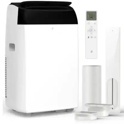 Climatiseur mobile 14000 BTU 3-en-1 avec t&eacute;l&eacute;commande, id&eacute;al pour tente et camping-car, offre refroidissement, d&eacute;shumidification et ventilation.