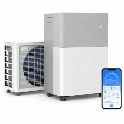 Climatiseur mobile Midea PortaSplit 12000 BTU avec pompe &agrave; chaleur, contr&ocirc;le via smartphone, design moderne, id&eacute;al pour la maison ou le bureau.